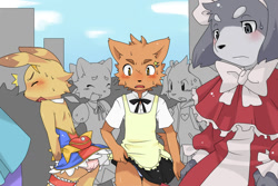 Size: 1200x800 | Tagged: safe, artist:senpuuki-chan, canid, cat, felid, lagomorph, mammal, rabbit, anthro, boy, boys only, cub, cubs only, femboy, male, males only, young, backless dress, being watched, blushing, clothing, crossdressing, crowd, dress, fur, group, humiliation, kemono, kemoshota, looking at another, panties, public, public humiliation, stripes, sweat, underwear, upskirt
