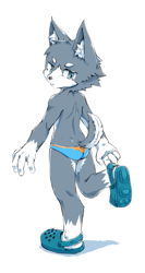 Size: 639x1200 | Tagged: safe, artist:kuroisumi, canid, mammal, anthro, boy, cub, male, slender, solo boy, solo cub, solo male, young, 4 fingers, briefs, butt, clothing, crocs, fingers, fluffy tail, fur, gray fur, kemono, kemoshota, looking back, on one leg, orange speedo, rear view, sandals, shoes, skimpy outfit, snout, solo, speedo, standing, swimsuit, swimwear, tail, teal crocs, teal eyes, two tone speedo, underwear, white fur