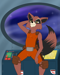 Size: 1200x1503 | Tagged: suggestive, artist:theoryofstrings, rocket raccoon, mammal, raccoon, anthro, boy, male, slender, solo boy, solo male, solo teen, teen, twink, young, guardians of the galaxy, colored, flat colored, bulge, butt, clothing, detailed bulge, looking at you, looking back, presenting, sitting, solo, space, starry sky