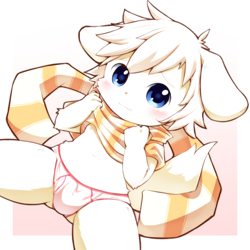 Size: 900x900 | Tagged: safe, artist:tororoudn, canid, dog, mammal, anthro, boy, cub, male, solo boy, solo cub, solo male, young, blue eyes, blushing, bulge, clothing, kemono, kemoshota, looking at you, looking up, looking up at you, scarf, solo, underwear