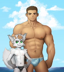 Size: 1353x1532 | Tagged: suggestive, artist:diman, canid, human, mammal, adult, adult/cub, adult/young, anthro, anthro/human, boy, cub, male, male/male, man, man/boy, muscular, young, abs, age difference, bulge, clothing, detailed bulge, duo, eyebrows, fur, gray fur, green eyes, hair, looking at you, navel, nipples, pecs, penis size difference, swimwear, tail, tan skin, topless, water