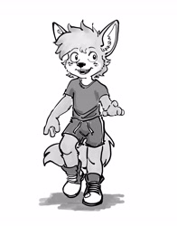Size: 3850x4900 | Tagged: safe, artist:moonsky7145, oc:alex (harmarist), canid, mammal, wolf, anthro, cub, male, plantigrade, solo cub, young, series:sheath and knife, grayscale, sketch, shoes, shorts, smiling, sneakers, solo, tail