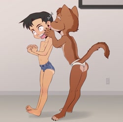 Size: 1445x1435 | Tagged: suggestive, artist:diman, cat, felid, human, mammal, anthro, anthro/human, boy, boy/boy, male, male/male, plantigrade, young, young/young, brown fur, butt, clothing, fur, licking, nipples, shotacon, tan lines, topless, underwear