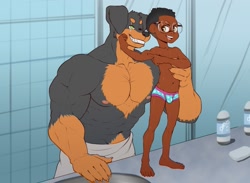 Size: 1495x1096 | Tagged: safe, artist:diman, canid, dog, human, mammal, adult, anthro, boy, male, male/male, males only, muscular, young, colored, flat colored, age difference, bathroom, black fur, black shota, black skin, briefs, bulge, cuddling, duo, fur, glasses, muscular/slender, nipples, shotacon, underwear