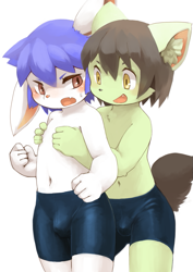 Size: 707x1000 | Tagged: suggestive, artist:kuroisumi, cat, felid, lagomorph, mammal, rabbit, anthro, anthro/anthro, boy, boy/boy, cub, cub/cub, male, male/male, young, young/young, blue hair, blushing, bulge, butt, chest tuft, clothing, duo, fist, from behind, frown, fur, green fur, hair, kemono, kemoshota, navel, nipple play, open mouth, red eyes, shorts, smiling, spandex, spats, standing, sweat, swimwear, tight clothing, topless, white fur, yellow eyes