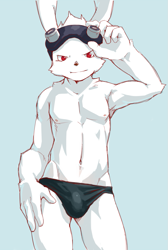 Size: 673x1000 | Tagged: safe, artist:kuroisumi, king kazma, lagomorph, mammal, rabbit, anthro, athletic, boy, cub, male, muscular, slender, solo boy, solo male, solo teen, teen, young, summer wars, 5 fingers, biceps, bulge, clothing, fingers, fur, goggles, goggles on head, hair, hand on hip, kemono, looking at you, navel, nipples, pecs, red eyes, solo, speedo, standing, swimsuit, swimwear, topless, underwear, v lines, v-cut, white fur