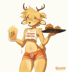 Size: 1930x2048 | Tagged: safe, artist:koiyaroid, cervid, deer, mammal, new world deer, reindeer, ungulate, anthro, femboy, male, solo teen, teen, young, femboy hooters, hooters, alcohol, antlers, beer, beverage, blushing, brown fur, bulge, burger, clothing, crop top, food, fur, hair, hooters uniform, looking at you, navel, ponytail, short hair, short shorts, short tail, shorts, solo, tail, tan fur, tan hair, waiter