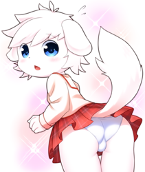 Size: 800x950 | Tagged: suggestive, artist:tororoudn, panashe, canid, dog, mammal, anthro, boy, cub, male, solo boy, solo cub, solo male, young, summon night, blue eyes, blushing, bulge, butt, clothing, crossdressing, floppy ears, kemono, kemoshota, open mouth, panties, presenting, presenting hindquarters, raised tail, skirt, solo, tail, underwear