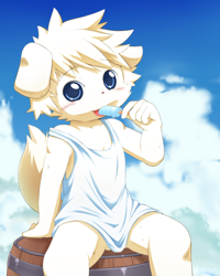 Size: 800x1000 | Tagged: suggestive, artist:tororoudn, panashe, canid, dog, mammal, anthro, boy, cub, male, solo boy, solo cub, solo male, young, summon night, blue eyes, blushing, bottomless, clothing, floppy ears, food, holding popsicle, long shirt, popsicle, solo, sweat