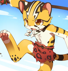 Size: 616x650 | Tagged: safe, artist:unrealplace, oc:raier, cat, felid, feline, mammal, anthro, boy, cub, male, solo boy, solo cub, solo male, young, series:one week one underwear, amber eyes, black fur, clothing, featureless chest, jewelry, kemono, kemoshota, loincloth, necklace, solo, stripes, topless, white fur, yellow fur