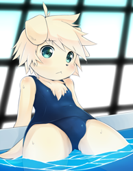 Size: 800x1032 | Tagged: suggestive, artist:tororoudn, panashe, canid, dog, mammal, anthro, boy, cub, male, solo boy, solo cub, solo male, young, summon night, blue eyes, blushing, bulge, clothing, crossdressing, floppy ears, looking at you, solo, swimwear, water