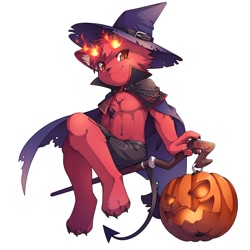 Size: 1280x1280 | Tagged: safe, artist:unrealplace, oc:shiroki, demon, mythological creature, anthro, boy, cub, male, solo boy, solo cub, solo male, young, halloween, holiday, barefoot, cape, crossed legs, fire, jackolantern, kemono, kemoshota, leaning on arms, looking at you, mage hat, magic staff, navel, posing, pumpkin, smiling, solo, spade tail, staff, witch hat