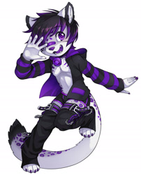 Size: 2000x2480 | Tagged: safe, artist:unrealplace, oc:neon (smallhail), big cat, cat, felid, mammal, snow leopard, anthro, boy, male, solo boy, solo male, solo teen, teen, young, belt, boxer-briefs, clothing, collar, hoodie, jacket, kemono, kemoshota, open jacket, rave outfit, solo, underwear