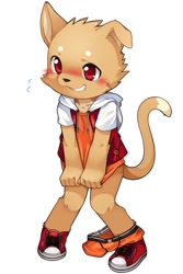 Size: 853x1280 | Tagged: safe, artist:unrealplace, oc:aj, cat, felid, mammal, boy, cub, male, solo boy, solo cub, solo male, young, blushing, bottomless, clothing, embarrassed, hoodie, kemono, kemoshota, solo, underwear around ankles, underwear down