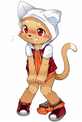 Size: 1700x2550 | Tagged: safe, artist:unrealplace, oc:aj, cat, felid, mammal, boy, cub, male, solo boy, solo cub, solo male, young, alternate version, blushing, bottomless, clothing, embarrassed, hoodie, kemono, kemoshota, solo, underwear around ankles, underwear down