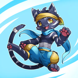 Size: 1181x1181 | Tagged: safe, artist:unrealplace, cat, felid, mammal, anthro, boy, cub, male, solo boy, solo cub, solo male, young, bandana, daytime, fang, jumping, kemono, kemoshota, scarf, smiling, solo, teeth