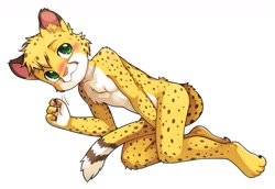 Size: 1280x880 | Tagged: safe, artist:unrealplace, oc:salmy, big cat, cat, cheetah, felid, mammal, anthro, boy, cub, male, solo boy, solo cub, solo male, young, black fur, blushing, fur, green eyes, lying, on side, solo, sweat, tail between legs, white fur, yellow fur