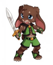 Size: 1047x1280 | Tagged: safe, artist:unrealplace, oc:cubtori, lagomorph, mammal, rabbit, anthro, boy, cub, male, solo boy, solo cub, solo male, young, fantasy, fur, kemono, kemoshota, solo, sword, weapon