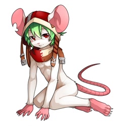 Size: 1222x1280 | Tagged: safe, artist:unrealplace, oc:zipi, mammal, rodent, anthro, boy, cub, male, plantigrade, slender, solo boy, solo cub, solo male, young, buckteeth, claws, fur, hat, kemono, kemoshota, solo, tail, toe claws, white fur
