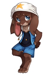 Size: 853x1280 | Tagged: safe, artist:unrealplace, oc:cubtori, lagomorph, mammal, rabbit, anthro, boy, cub, male, solo boy, solo cub, solo male, young, blue eyes, blushing, brown fur, clothing, fur, hat, hoodie, looking up, shorts, shy, smiling, solo
