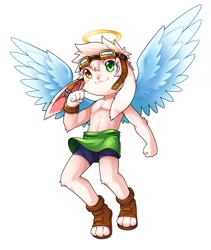 Size: 1078x1280 | Tagged: safe, artist:unrealplace, oc:chibitora, angel, lagomorph, mammal, rabbit, anthro, boy, cub, male, solo boy, solo cub, solo male, young, brown eyes, clothing, fur, goggles, goggles on head, green eyes, halo, heterochromia, kemono, kemoshota, solo, topless, white fur, wings