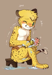 Size: 902x1280 | Tagged: safe, artist:unrealplace, oc:salmy, big cat, cheetah, felid, mammal, boy, cub, male, young, digital, bathing, feet, foot focus, green eyes, kemono, kemoshota, nudity, one eye closed, pawpads, paws, soap, tail, tail between legs, toe claws