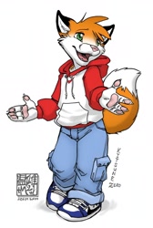 Size: 1074x1600 | Tagged: safe, artist:zaush, oc:kitsune zero, canid, fox, mammal, red fox, anthro, boy, cub, male, solo boy, solo cub, solo male, young, 4 fingers, black fur, cargo pants, claws, clothing, denim clothing, dipstick tail, drawstring, fingers, fully clothed, fur, green eyes, hair, hoodie, jeans, open mouth, orange fur, pants, raised tail, shoes, short hair, solo, standing, tail, tongue, white fur