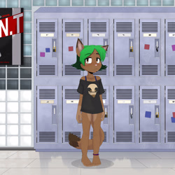 Size: 3000x3000 | Tagged: safe, artist:gothbunnyboy, artist:ketzio, collaboration, oc:silas tate, cat, felid, mammal, anthro, boy, femboy, male, plantigrade, slender, solo boy, solo male, solo teen, teen, young, bottomless, brown fur, clothing, fur, indoors, lockers, school, solo