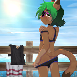 Size: 3000x3000 | Tagged: suggestive, artist:gothbunnyboy, artist:ketzio, collaboration, oc:silas tate, cat, felid, mammal, boy, femboy, male, solo male, solo teen, teen, young, beach, blushing, butt, clothing, crossdressing, daytime, dyed hair, looking at you, looking back, looking back at you, looking over shoulder, outdoors, pier, public, public nudity, smiling, solo, sunglasses, swimsuit, swimwear, teasing, undressing