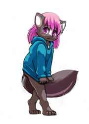 Size: 643x891 | Tagged: safe, artist:yojoo, oc:juni (taori), mammal, mustelid, skunk, anthro, boy, cub, male, solo boy, solo cub, solo male, young, black fur, blushing, bottomless, clothing, fur, hoodie, long hair, piercing, pink eyes, solo, white fur