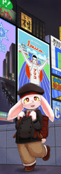 Size: 569x1612 | Tagged: safe, artist:yojoo, oc:rag (yamori), lagomorph, mammal, rabbit, anthro, boy, cub, male, plantigrade, solo boy, solo cub, solo male, young, backpack, clothing, detailed background, ears down, full-length portrait, fully clothed, holding backpack, japan, kemono, kemoshota, nighttime, outdoors, raised foot, smiling, solo, uniform