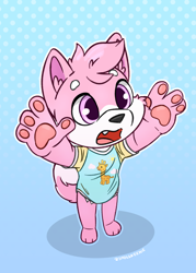 Size: 1182x1650 | Tagged: safe, artist:smol skeenie, canid, dog, husky, mammal, boy, cub, male, solo boy, solo cub, solo male, young, fang, fur, looking up, onesie, pink eyes, pink fur, reaching up, solo, teeth, uppies, white fur