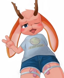 Size: 480x582 | Tagged: suggestive, artist:yojoo, oc:mej antlersbunny, fictional species, jackalope, anthro, cub, male, young, blue eyes, clothing, drooling, looking at you, looking down, looking down at you, pink fur, shorts, smiling, t-shirt, vibrator