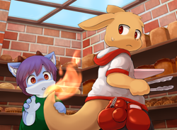 Size: 1436x1051 | Tagged: unknown species, safe, artist:yojoo, oc:mikaeru, boy, boys only, cub, cubs only, male, males only, young, bakery, blushing, boxing gloves, duo, fire, kemono, kemoshota, kitchen, sweat, tail