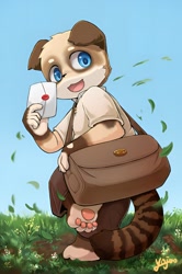 Size: 926x1394 | Tagged: safe, artist:yojoo, oc:kendall (zhiibe), cat, felid, mammal, anthro, boy, cub, male, solo boy, solo cub, solo male, young, ai enhanced, barefoot, kemono, kemoshota, letter, mail, paws, shoulder bag, solo
