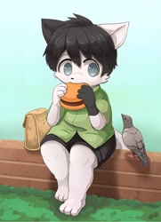 Size: 990x1368 | Tagged: safe, artist:yojoo, oc:chai (cycy), avian, bird, cat, columbid, felid, mammal, pigeon, anthro, boy, cub, male, solo boy, solo cub, solo male, young, ai enhanced, burger, daytime, eating, food, fur, holding food, kemono, kemoshota, outdoors, solo, tail, white fur