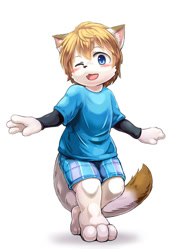 Size: 519x733 | Tagged: safe, artist:yojoo, oc:lilkittenboi, cat, felid, mammal, anthro, boy, cub, male, plantigrade, solo boy, solo cub, solo male, young, ai enhanced, blonde hair, blue eyes, blushing, clothing, dancing, fur, hair, kemono, kemoshota, looking at you, shorts, smiling, solo, tail, white fur, winking