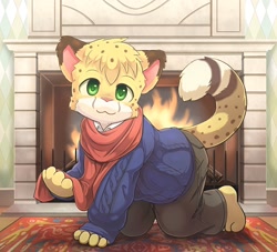 Size: 1552x1408 | Tagged: safe, artist:yojoo, oc:salmy, big cat, cheetah, felid, mammal, anthro, boy, cub, male, plantigrade, solo boy, solo cub, solo male, young, clothing, fire, fireplace, green eyes, indoors, looking at you, on all fours, on floor, scarf, solo, sweater