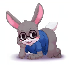 Size: 1568x1436 | Tagged: safe, artist:yojoo, oc:bunnybum, lagomorph, mammal, rabbit, anthro, cub, male, plantigrade, young, baggy clothing, blushing, bottomless, clothing, glasses, on all fours, sweater, tail