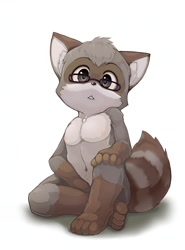 Size: 1188x1602 | Tagged: suggestive, artist:yojoo, oc:secret raccoon, mammal, raccoon, anthro, boy, cub, male, plantigrade, solo boy, solo cub, solo male, young, ai enhanced, brown fur, fur, glasses, gray fur, looking at you, navel, nipples, nudity, solo