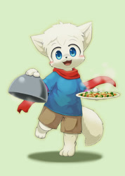 Size: 980x1379 | Tagged: safe, artist:yojoo, oc:tatsumik, arctic fox, canid, fox, mammal, vulpine, anthro, boy, chibi, cub, male, plantigrade, solo boy, solo cub, solo male, young, blue eyes, blushing, food, fur, kemono, kemoshota, looking at you, smiling, solo, white fur