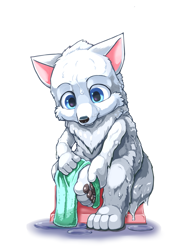 Size: 1061x1417 | Tagged: safe, artist:yojoo, oc:pentrep, arctic fox, canid, fox, mammal, vulpine, boy, cub, male, solo boy, solo cub, solo male, young, bathing, blue eyes, drying off, foot focus, fur, kemono, kemoshota, pawpads, solo, towel, wet, white fur