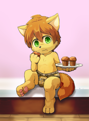Size: 995x1349 | Tagged: safe, artist:yojoo, oc:prince eden, canid, mammal, wolf, anthro, boy, cub, male, solo boy, solo cub, solo male, young, alternate version, briefs, bulge, clothing, eating, featureless chest, food, fur, green eyes, holding food, muffin, navel, pawpads, plate, solo, tail, tan fur, topless, underwear, versace