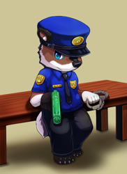 Size: 1185x1629 | Tagged: safe, artist:yojoo, oc:shaphan jazwiec, badger, mammal, mustelid, anthro, boy, cub, male, solo boy, solo cub, solo male, young, blue eyes, brown fur, cosplay, fur, handcuffs, hat, kemono, kemoshota, necktie, peaked cap, police hat, police uniform, solo, squirt gun, tail, toe claws, uniform, white fur