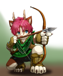 Size: 1099x1336 | Tagged: safe, artist:yojoo, canid, cervid, deer, dog, husky, mammal, anthro, boy, cub, male, solo boy, solo cub, solo male, young, archer, blue eyes, brown fur, fingerless gloves, fur, solo