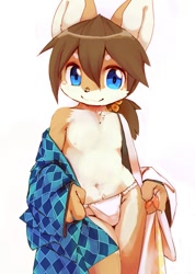 Size: 855x1200 | Tagged: suggestive, artist:kuroisumi, canid, fox, mammal, anthro, boy, cub, male, solo boy, solo cub, solo male, young, blue eyes, bulge, clothing, fundoshi, fur, hair, kemono, kemoshota, looking at you, navel, nipples, pawpads, smiling, solo, topless, underwear, undressing, undressing self