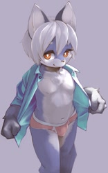 Size: 749x1200 | Tagged: safe, artist:kuroisumi, ambiguous species, mammal, anthro, boy, cub, male, solo boy, solo cub, solo male, young, amber eyes, briefs, bulge, clothing, hair, kemono, kemoshota, looking at you, navel, nipples, smiling, solo, standing, underwear, undressing, undressing self