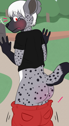 Size: 1646x3000 | Tagged: safe, artist:zombineko, oc:roark, hyaenid, hyena, mammal, spotted hyena, anthro, boy, male, solo boy, solo male, solo teen, teen, young, butt, daytime, humiliation, outdoors, public, public nudity, solo
