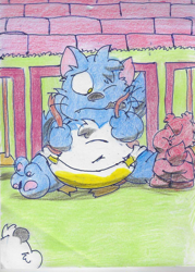 Size: 1146x1600 | Tagged: safe, artist:reizinho, oc:aurélio, oc:bruno (reizinho), oc:yure, canid, cat, felid, fox, giant panda, mammal, anthro, boy, boy focus, boys only, chibi, chubby, cub, cub focus, cubs only, male, males only, young, diaper, fang, fur, macro, navel, sweat, tail, teeth, urine, wetting, young focus