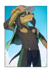 Size: 1070x1500 | Tagged: safe, artist:kagalli, canid, doberman, dog, mammal, boy, cub, male, solo boy, solo male, solo teen, teen, young, series:juzan dogsled club, ball cap, brown fur, clothing, fur, hat, jacket, kemono, kemoshota, navel, open jacket, solo, spats, tan fur